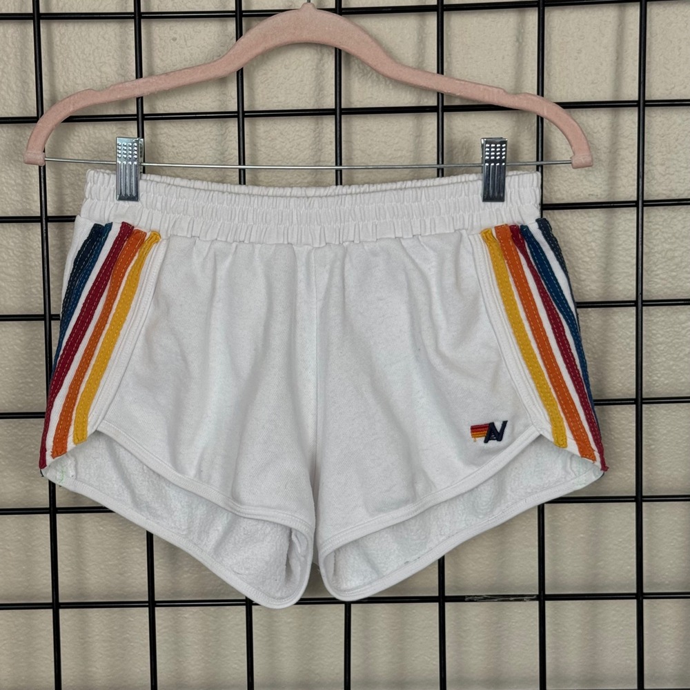 Aviator Nation Sweat Shorts Womens Medium White Rainbow Stripe Retro Athletic